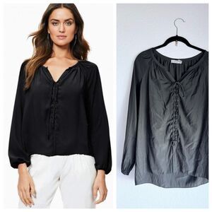 Ramy Brook Women's Kat Lace Up Long Sleeve Tie Neck Boho Blouse in Black Size XS
